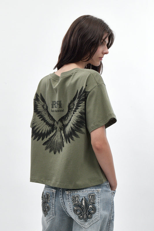 Winged Graphic Boxy Tee in Olive - Rock Revival®