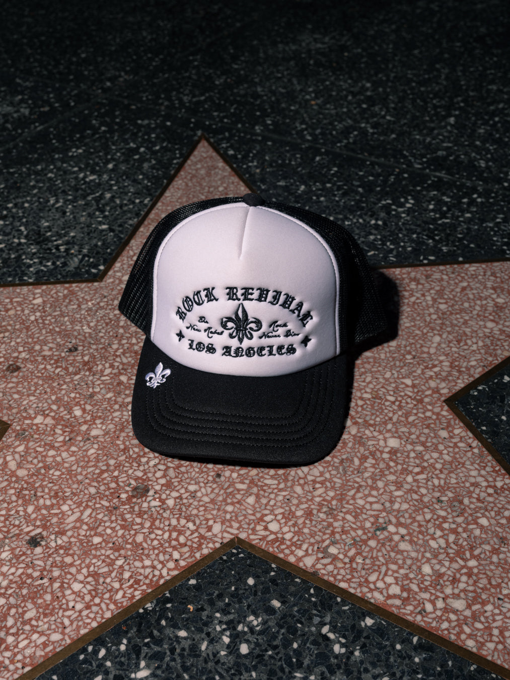 Rock Revival® Logo Snapback Trucker Hat in White / Black