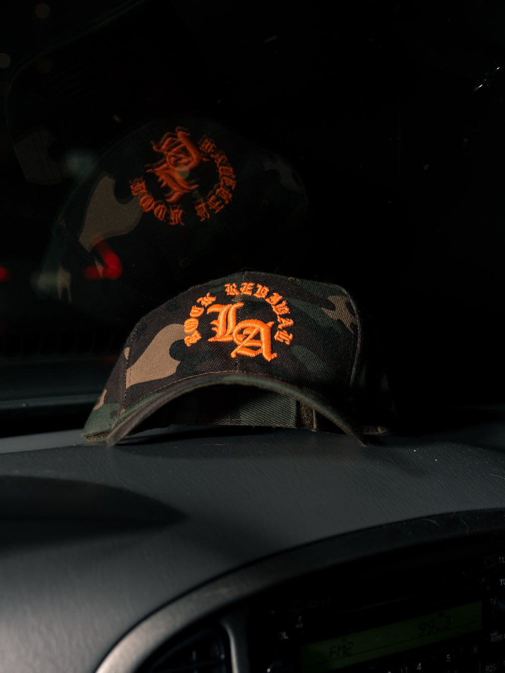 Rock Revival Orange Embroidery LA Logo Adjustable Hat in Camo