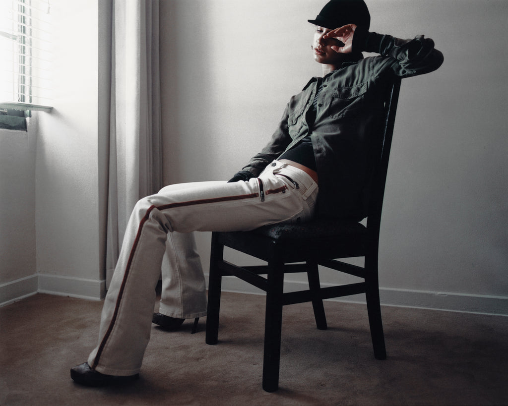 Kamil Super Low-Rise Bootcut Jeans in White/Red Stripe