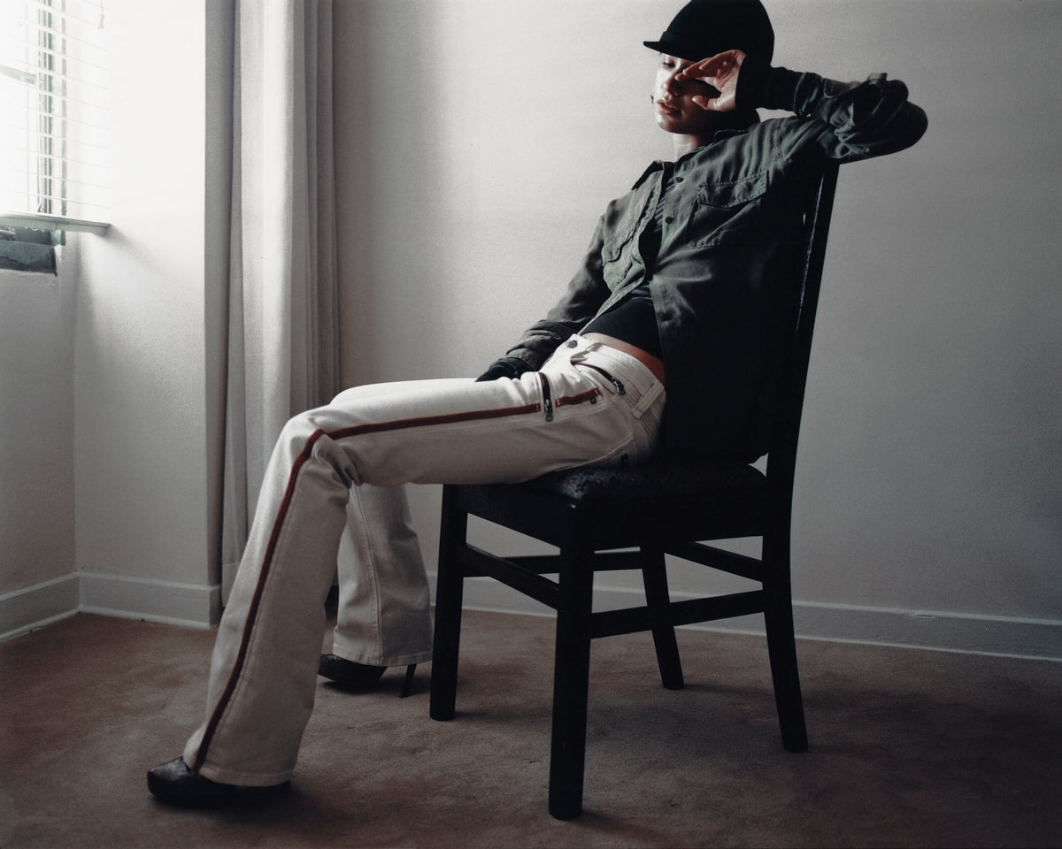 Kamil Super Low-Rise Bootcut Jeans in White/Red Stripe