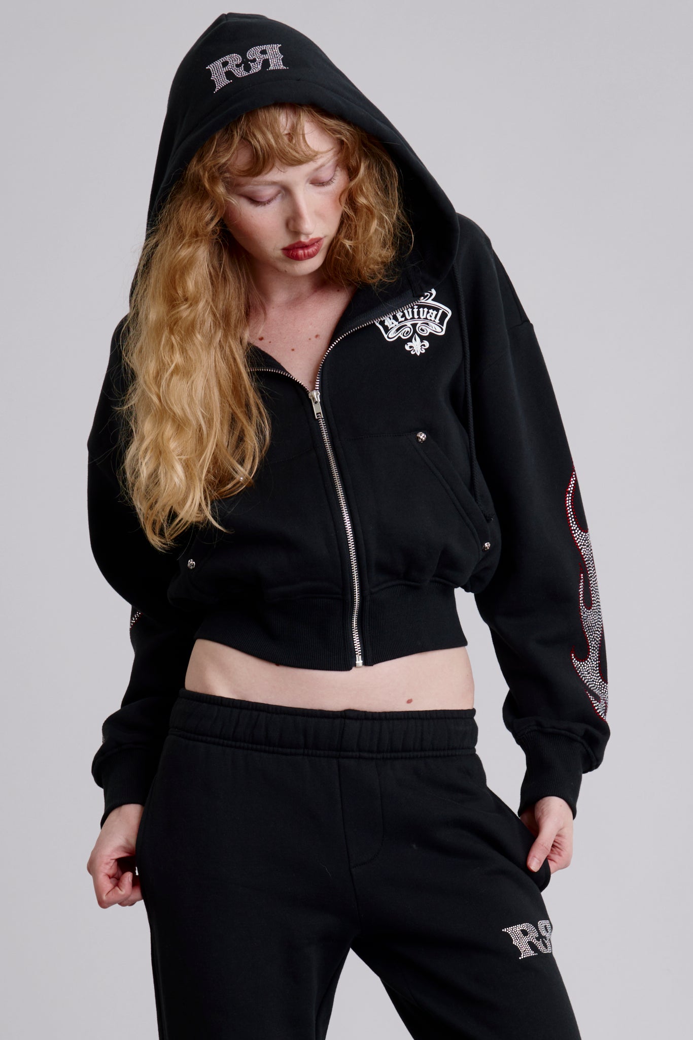 Chrome Flame Loose Cropped Hoodie | Black | Rock Revival