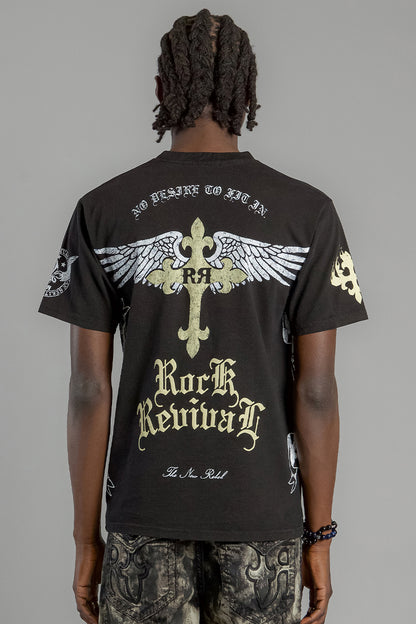 Winged Baroque Cross Graphic Tee in Black - Rock Revival®