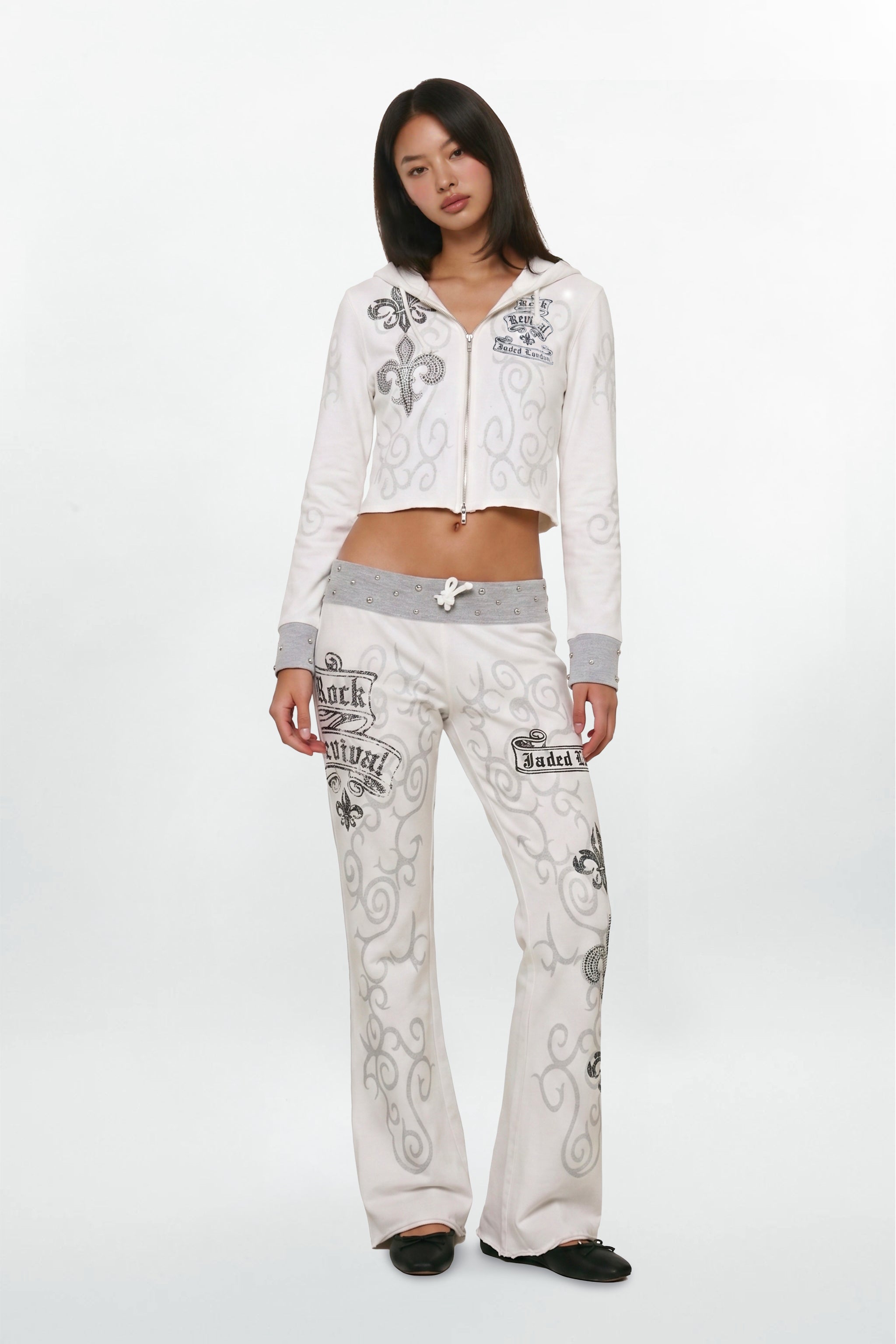 (JWT5807) Sudadera con capucha y cremallera con gráfico Rock Revival de Jaded London en blanco (JLxRCRV)