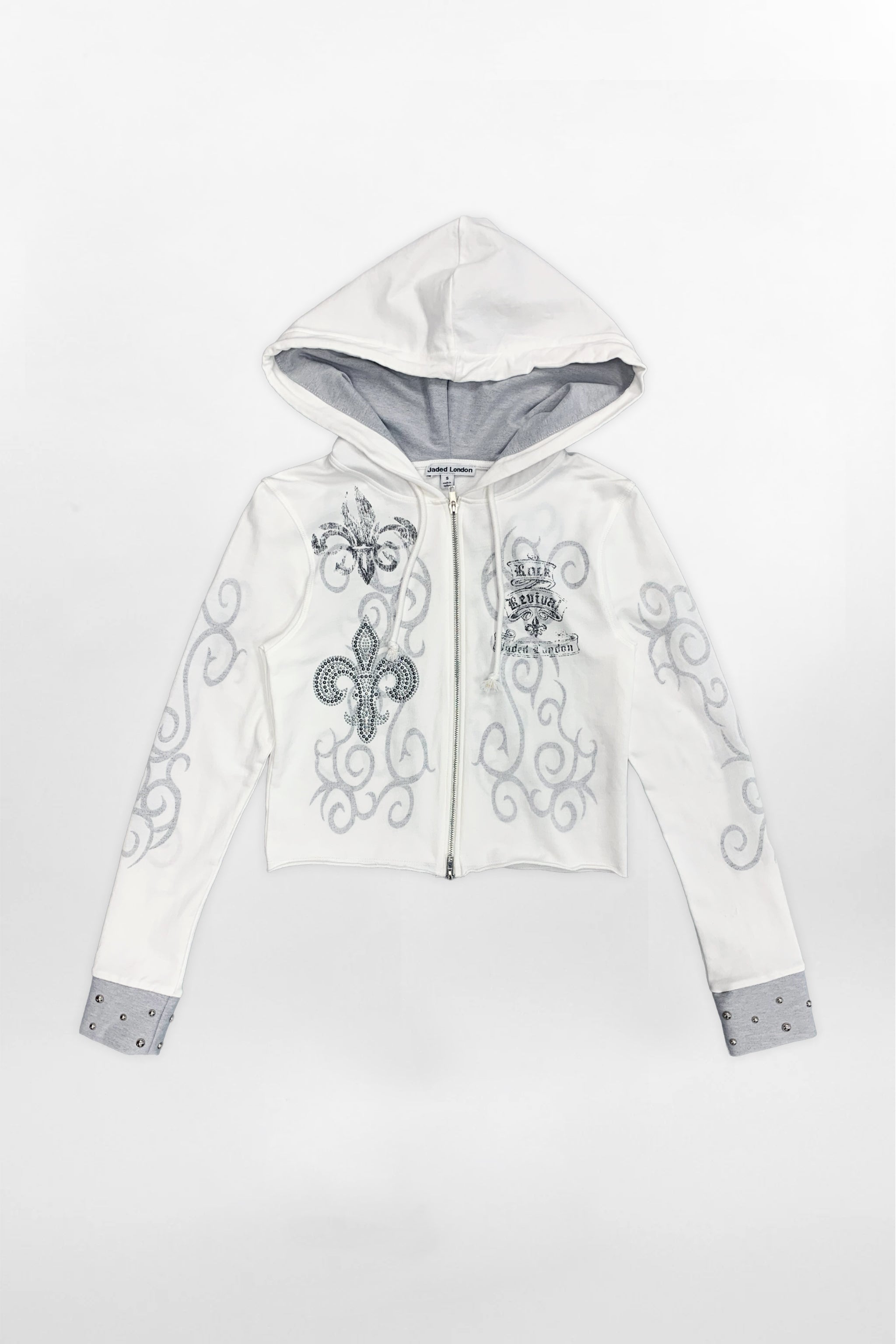 (JWT5807) Sudadera con capucha y cremallera con gráfico Rock Revival de Jaded London en blanco (JLxRCRV)
