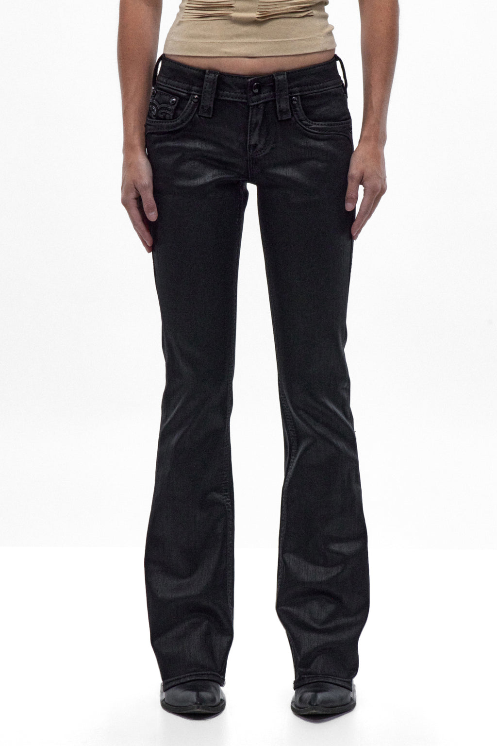 Xeline Low-Rise Bootcut Jeans in Black Coating