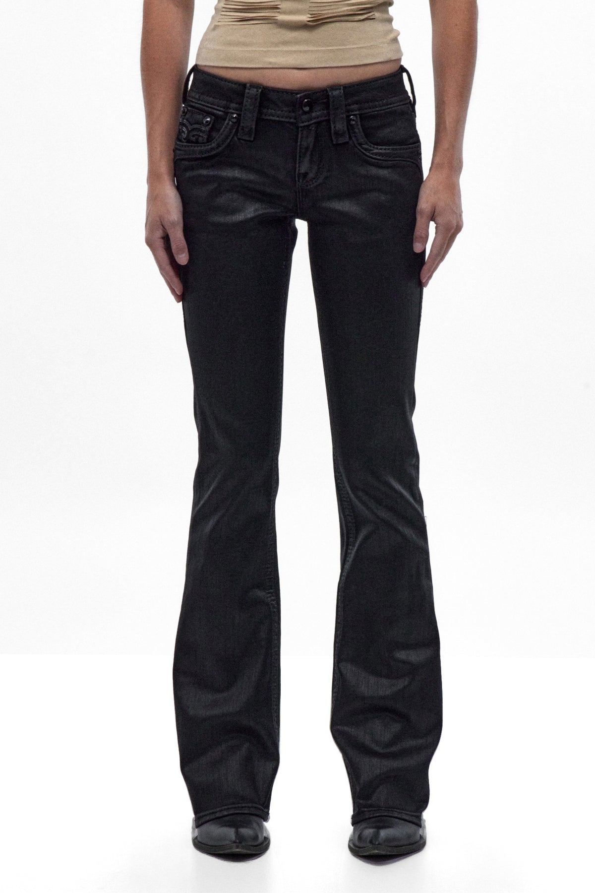 Xeline Low-Rise Bootcut Jeans in Black Coating