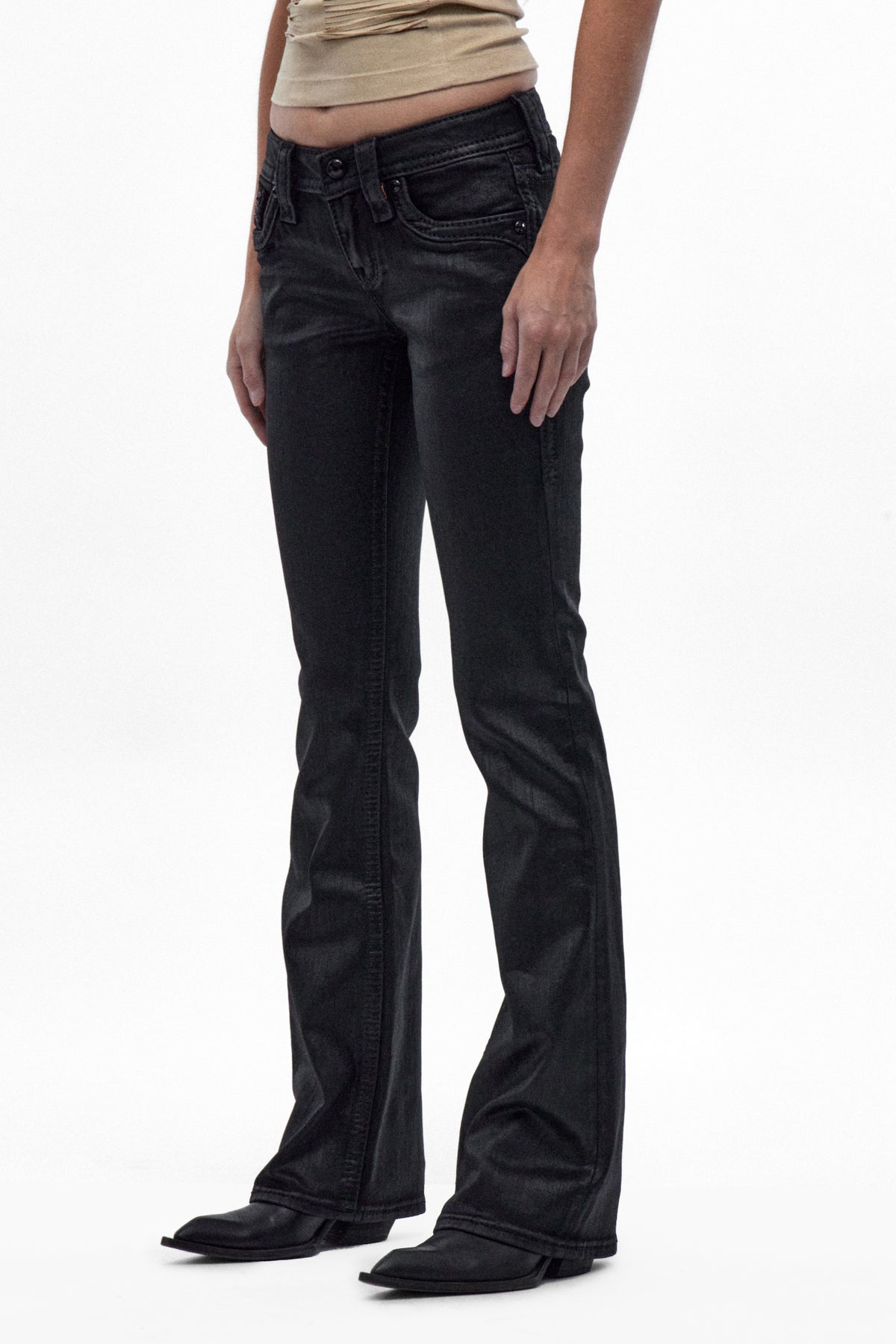 Xeline Low-Rise Bootcut Jeans in Black Coating