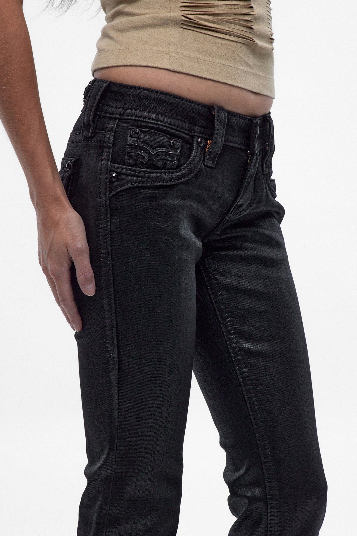 Xeline Low-Rise Bootcut Jeans in Black Coating